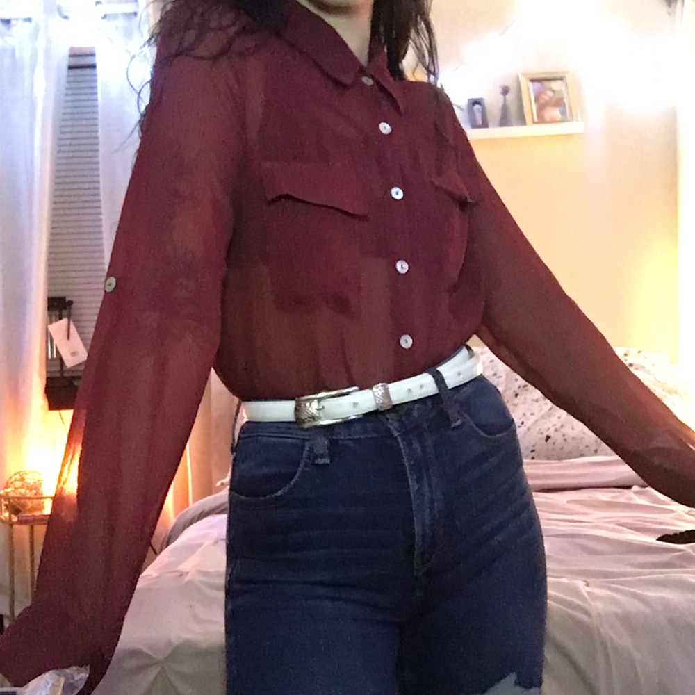 Sheer maroon button up blouse